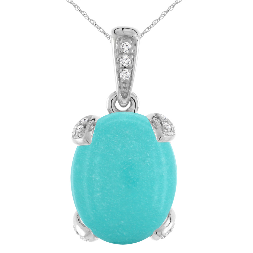 14K WHITE GOLD NATURAL TURQUOISE NECKLACE OVAL 12X10 MM WITH DIAMOND ACCENTS
