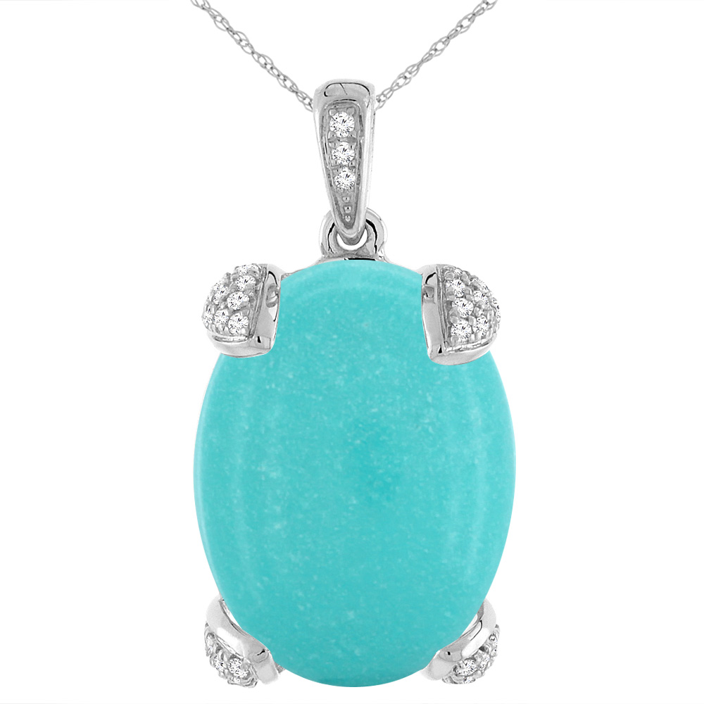 14K White Gold Natural Turquoise Necklace Oval 18x13 mm with Diamond Accents