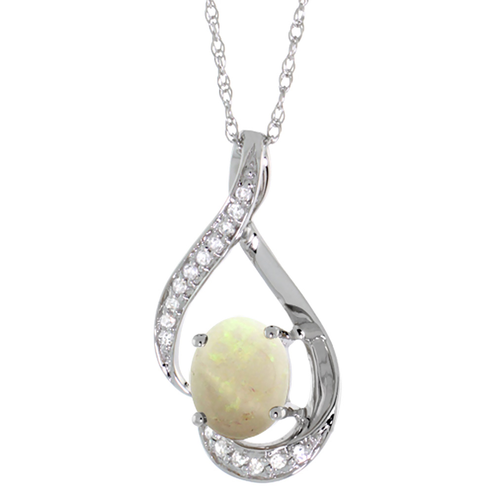 14K WHITE GOLD DIAMOND NATURAL OPAL NECKLACE OVAL 7X5 MM, 18 INCH LONG