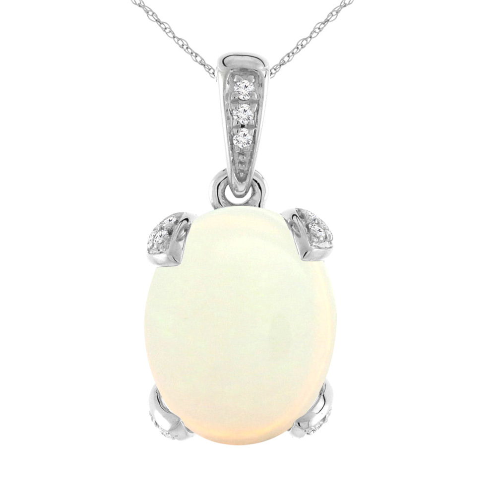 14K WHITE GOLD NATURAL OPAL NECKLACE OVAL 10X8 MM WITH DIAMOND ACCENTS