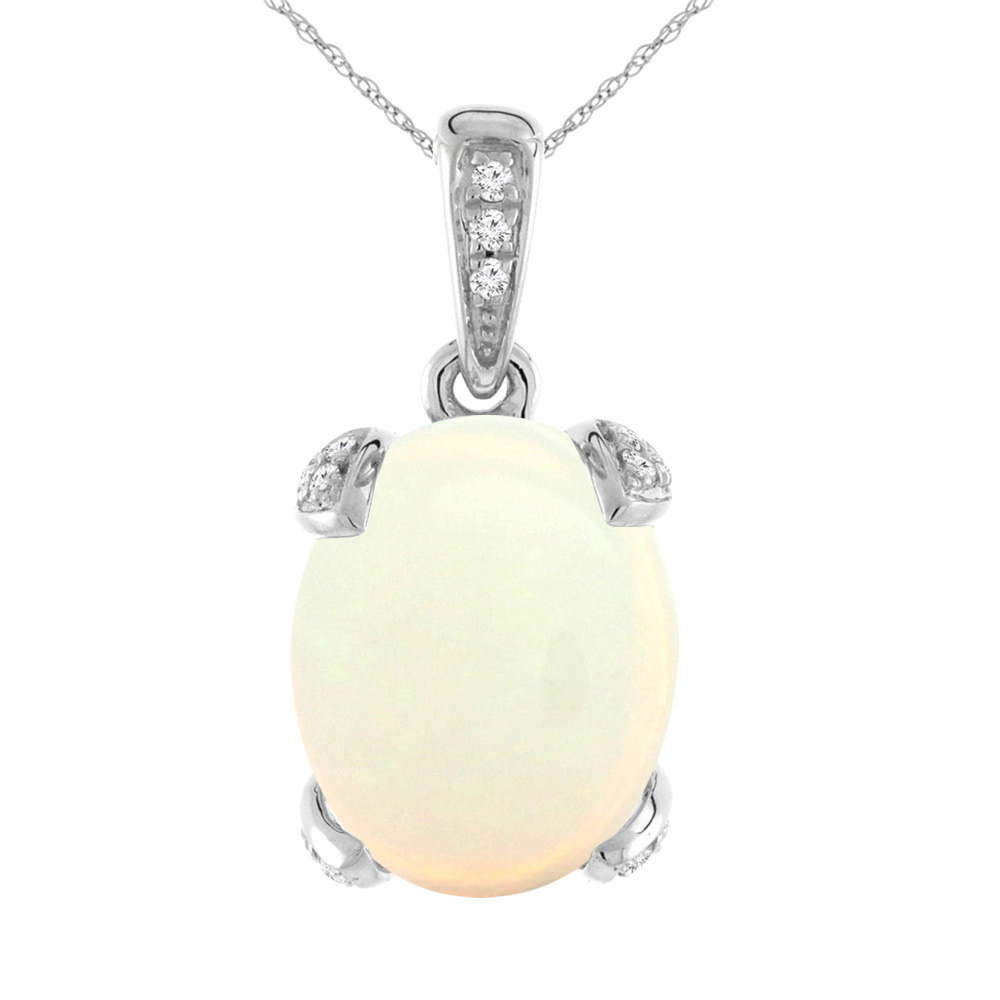 14K White Gold Natural Opal Necklace Oval 10x8 mm with Diamond Accents