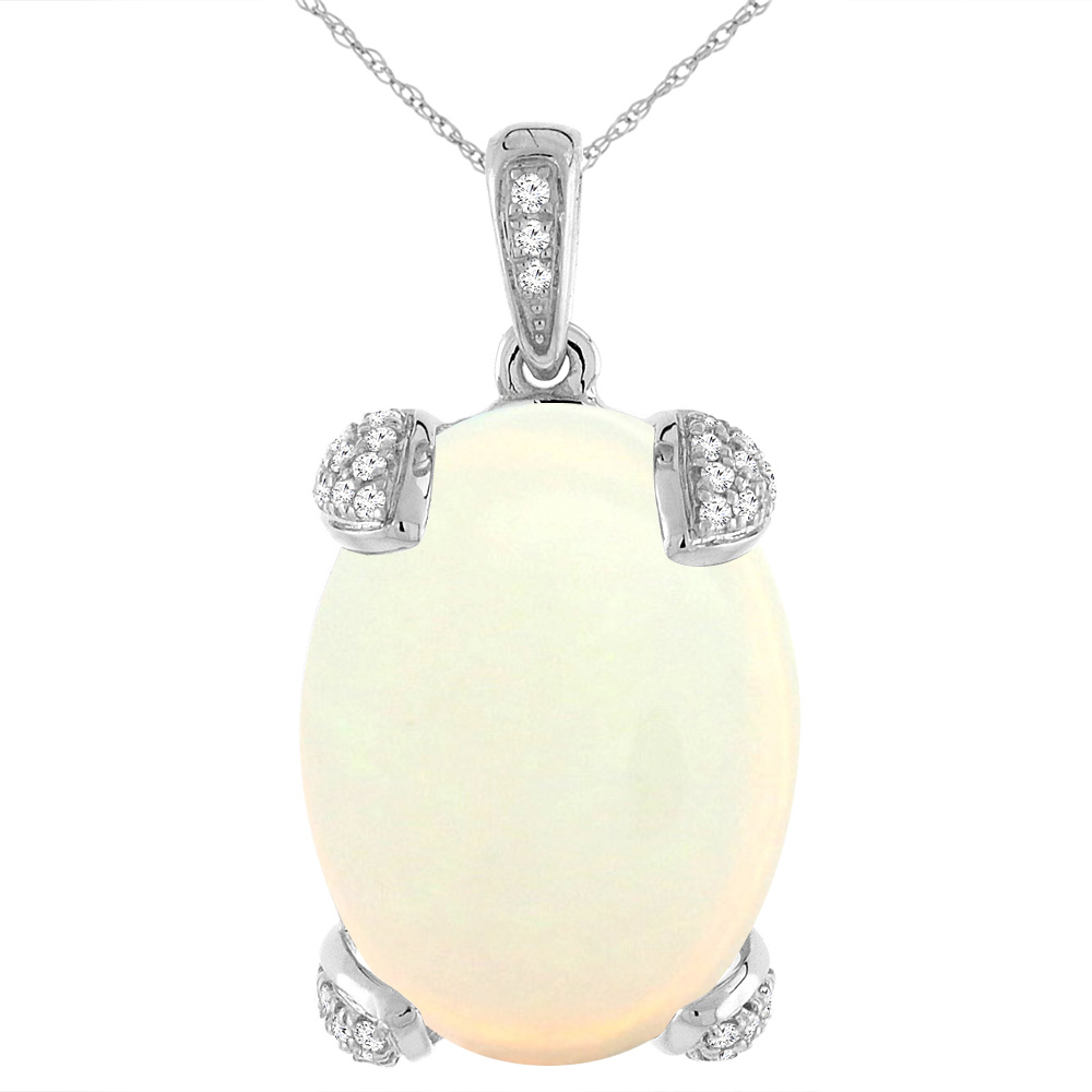 14K WHITE GOLD NATURAL OPAL NECKLACE OVAL 18X13 MM WITH DIAMOND ACCENTS