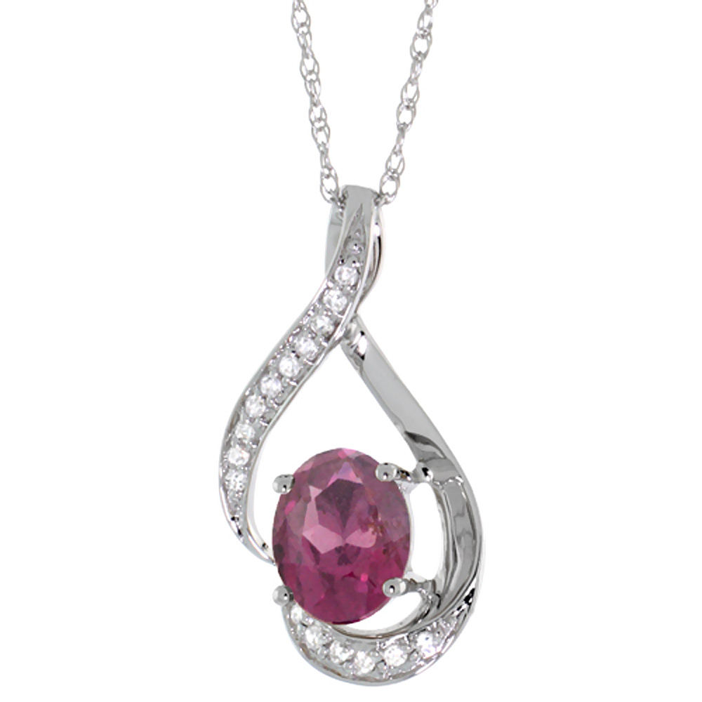 14K WHITE GOLD DIAMOND NATURAL RHODOLITE NECKLACE OVAL 7X5 MM, 18 INCH LONG