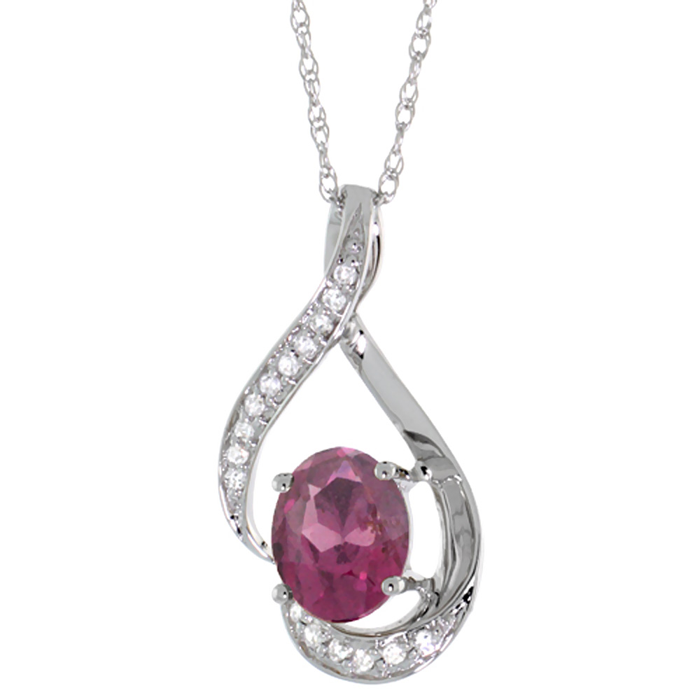 14K White Gold Diamond Natural Rhodolite Necklace Oval 7x5 mm, 18 inch long