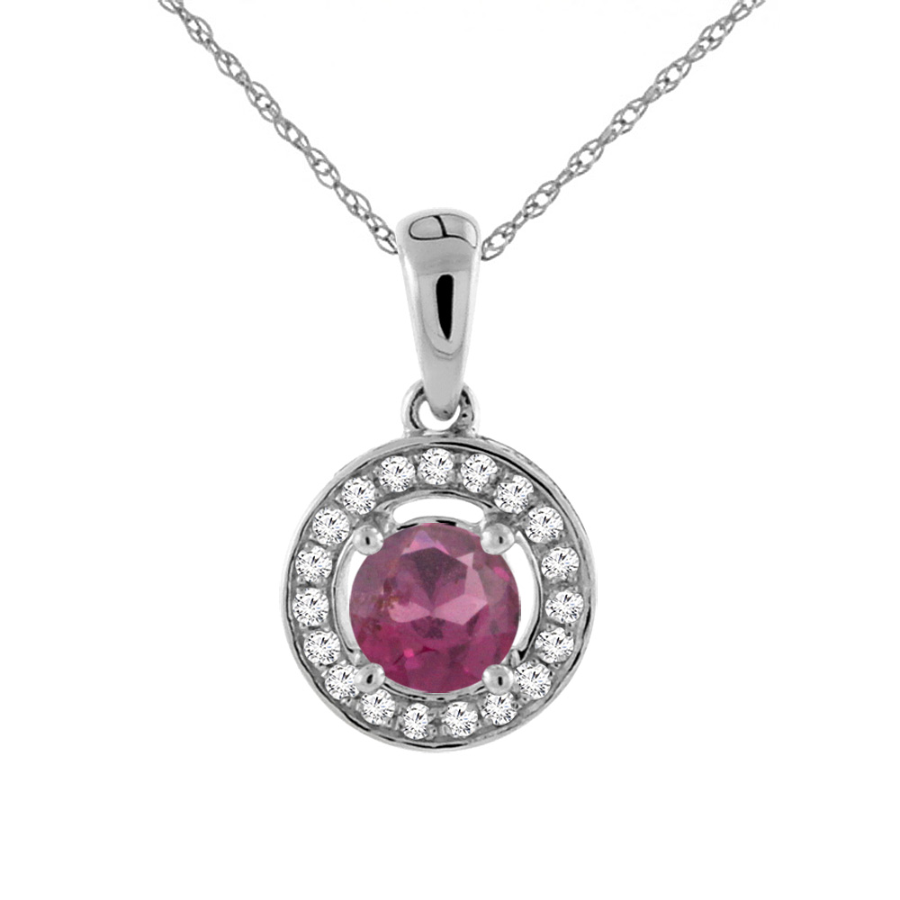 14K WHITE GOLD NATURAL RHODOLITE NECKLACE WITH DIAMOND HALO ROUND 5 MM
