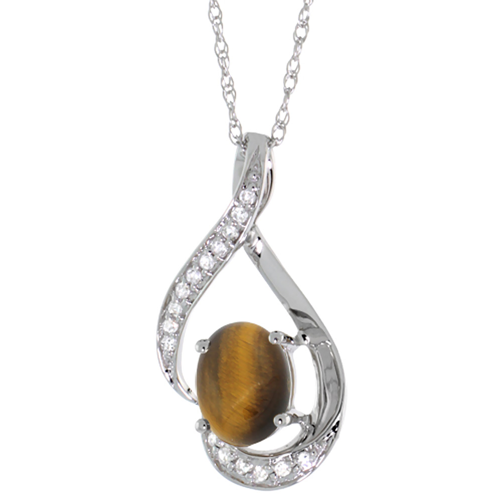14K WHITE GOLD DIAMOND NATURAL TIGER EYE NECKLACE OVAL 7X5 MM, 18 INCH LONG