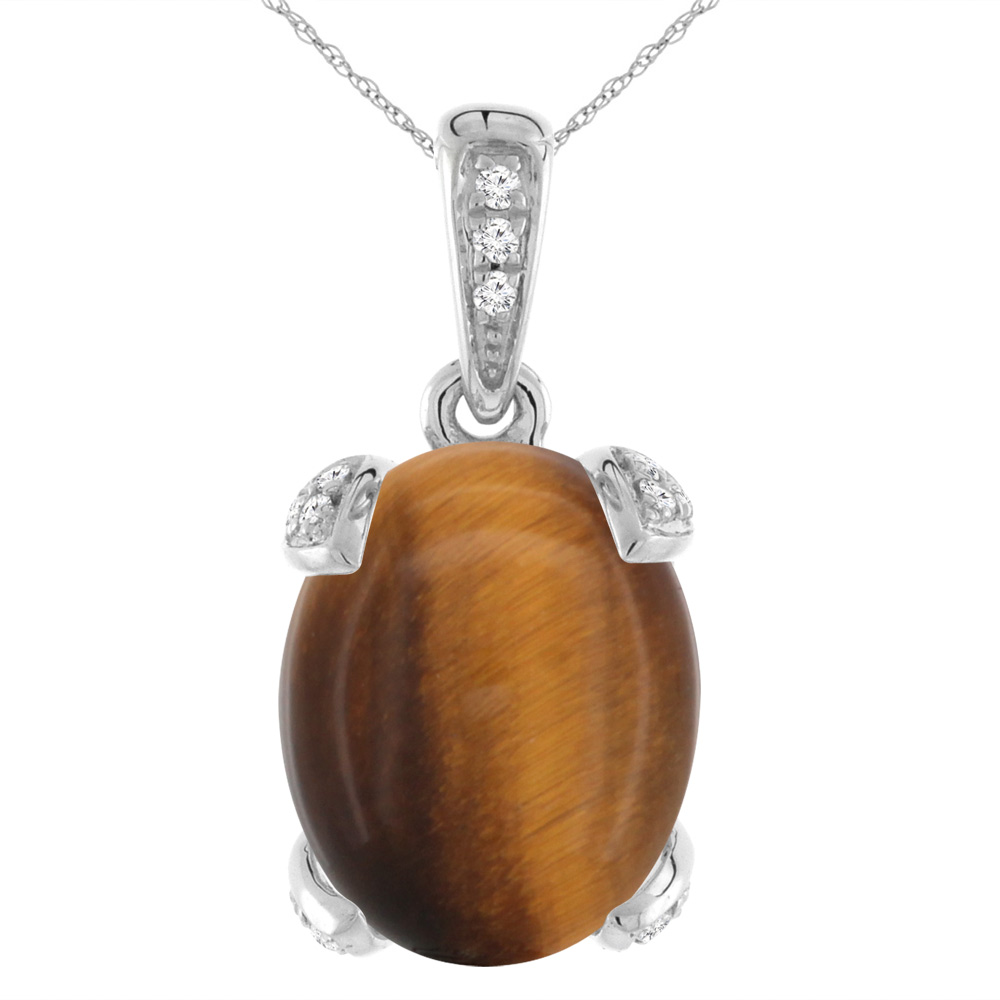 14K White Gold Natural Tiger Eye Necklace Oval 12x10 mm with Diamond Accents