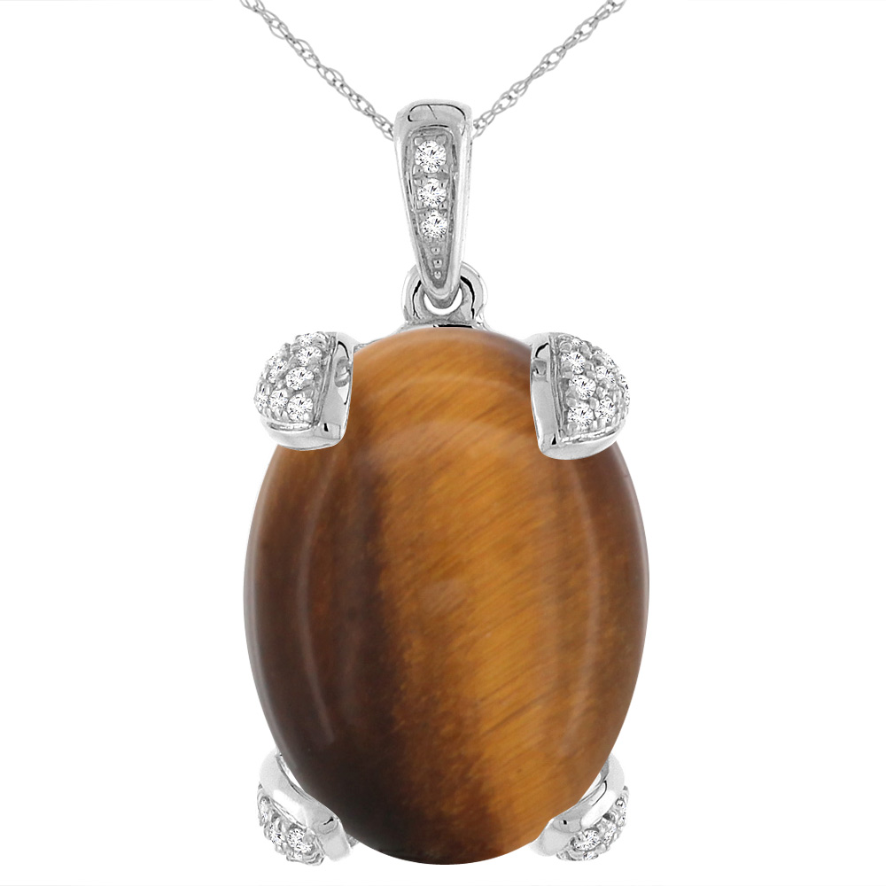 14K WHITE GOLD NATURAL TIGER EYE NECKLACE OVAL 16X12 MM WITH DIAMOND ACCENTS