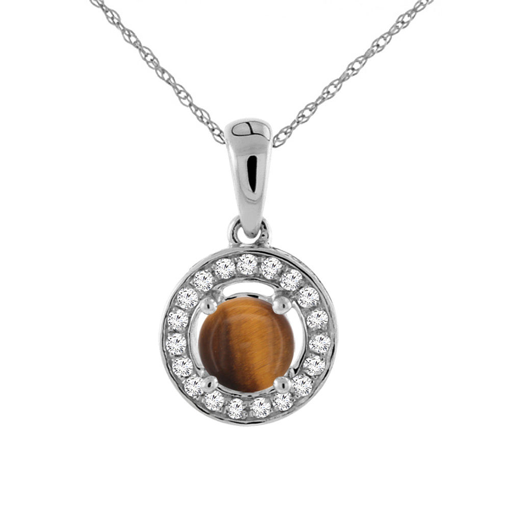 14K WHITE GOLD NATURAL TIGER EYE NECKLACE WITH DIAMOND HALO ROUND 5 MM