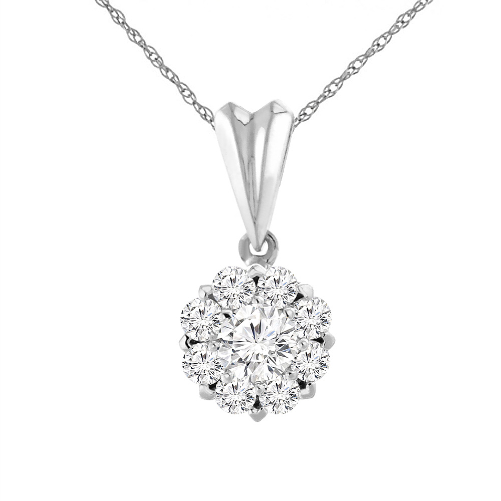 14K WHITE GOLD 0.6 CTTW GENUINE DIAMOND NECKLACE HALO ROUND 4.1 MM