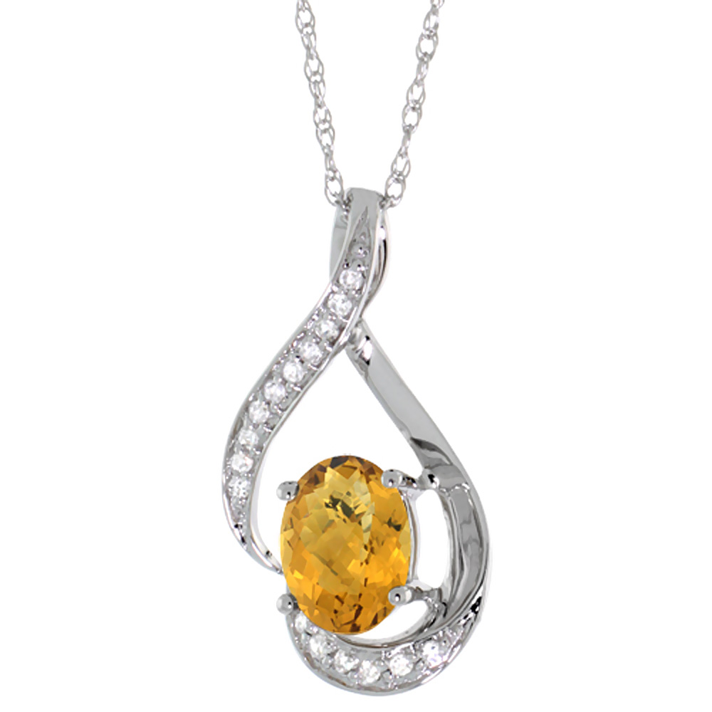 14K WHITE GOLD DIAMOND NATURAL WHISKY QUARTZ NECKLACE OVAL 7X5 MM, 18 INCH LONG