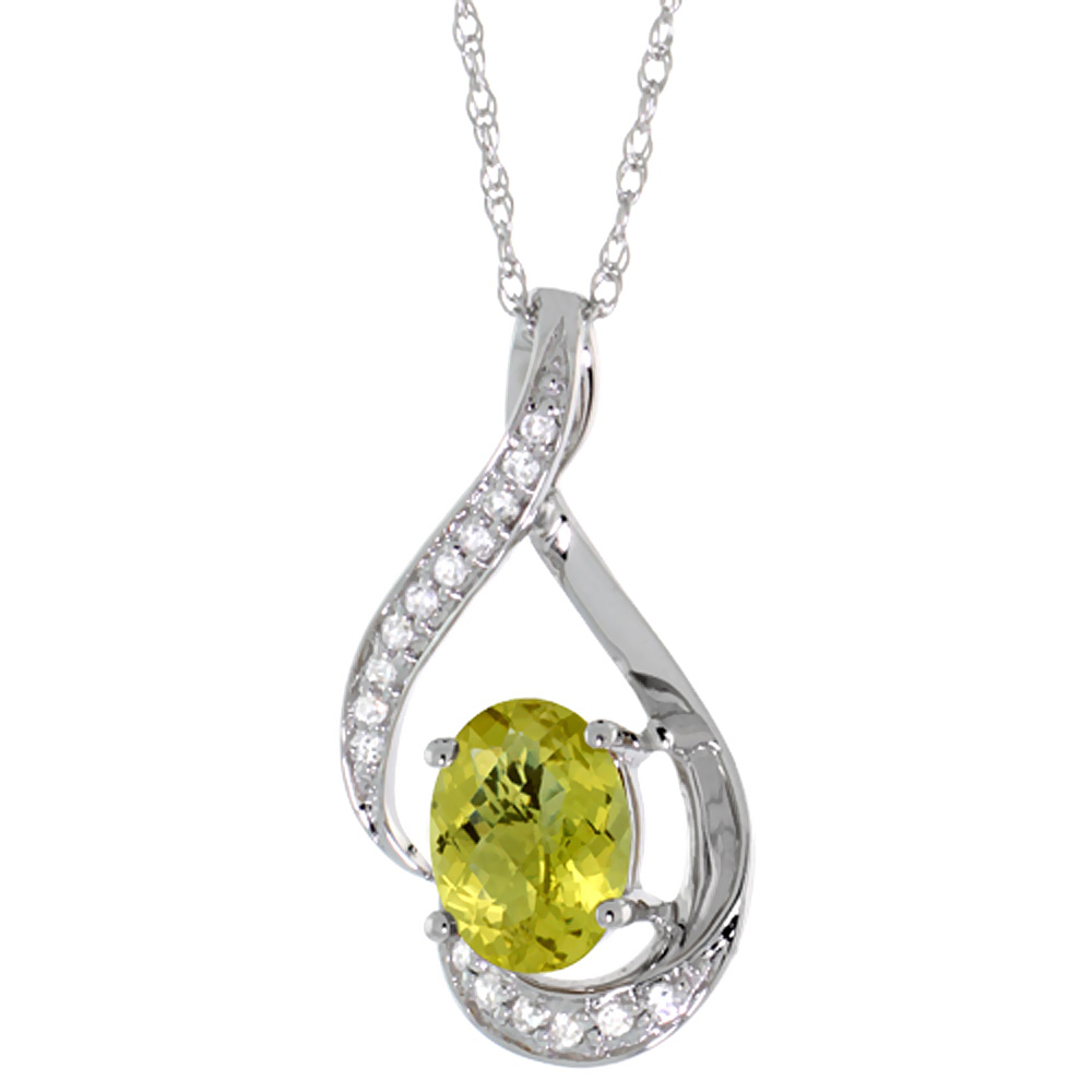 14K WHITE GOLD DIAMOND NATURAL LEMON QUARTZ NECKLACE OVAL 7X5 MM, 18 INCH LONG