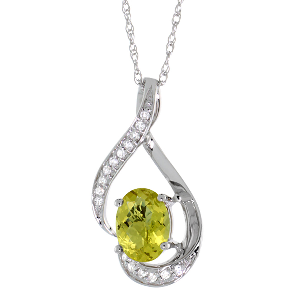 14K White Gold Diamond Natural Lemon Quartz Necklace Oval 7x5 mm, 18 inch long
