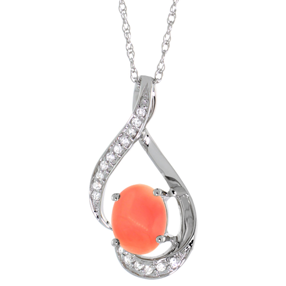 14K WHITE GOLD DIAMOND NATURAL CORAL NECKLACE OVAL 7X5 MM, 18 INCH LONG