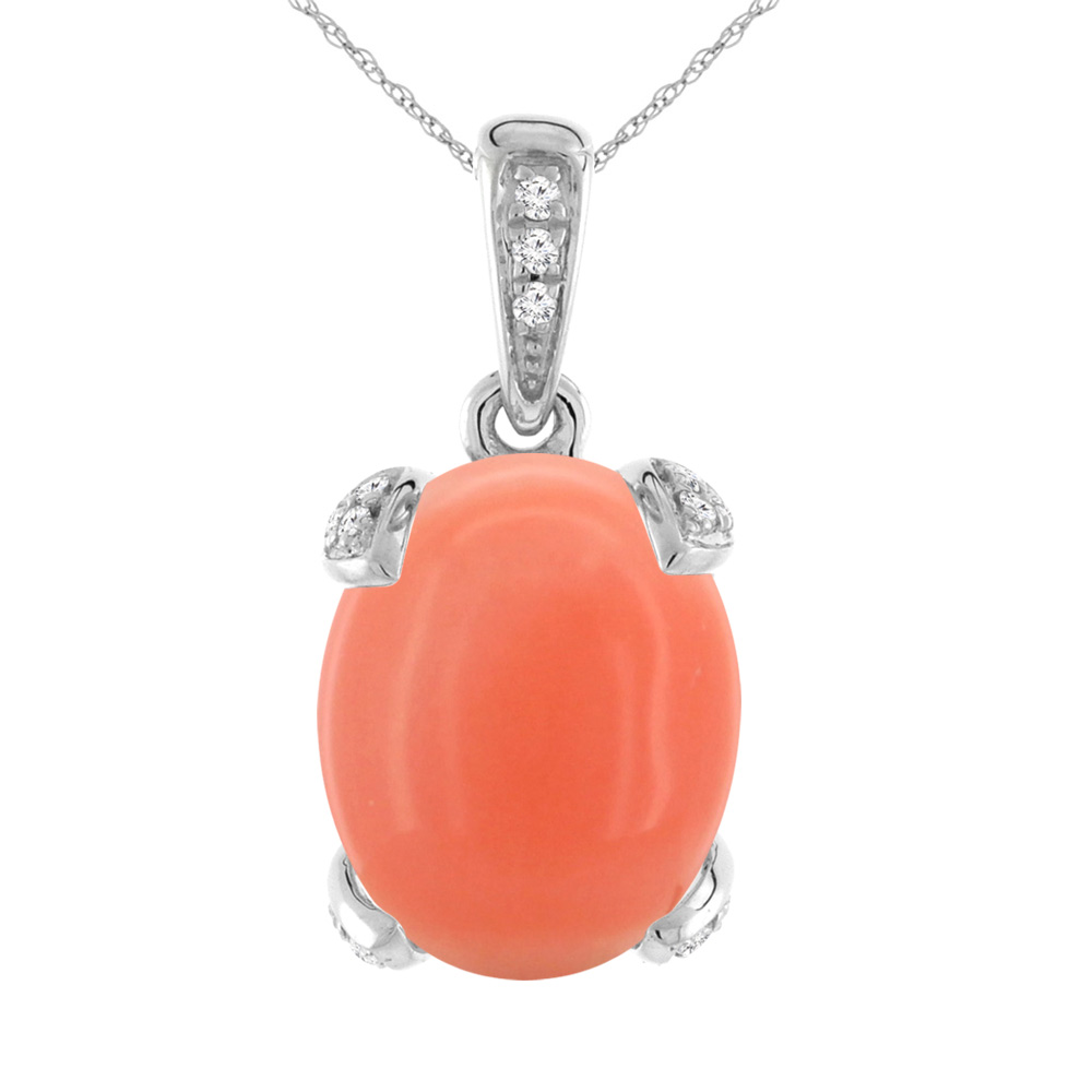 14K WHITE GOLD NATURAL CORAL NECKLACE OVAL 10X8 MM WITH DIAMOND ACCENTS
