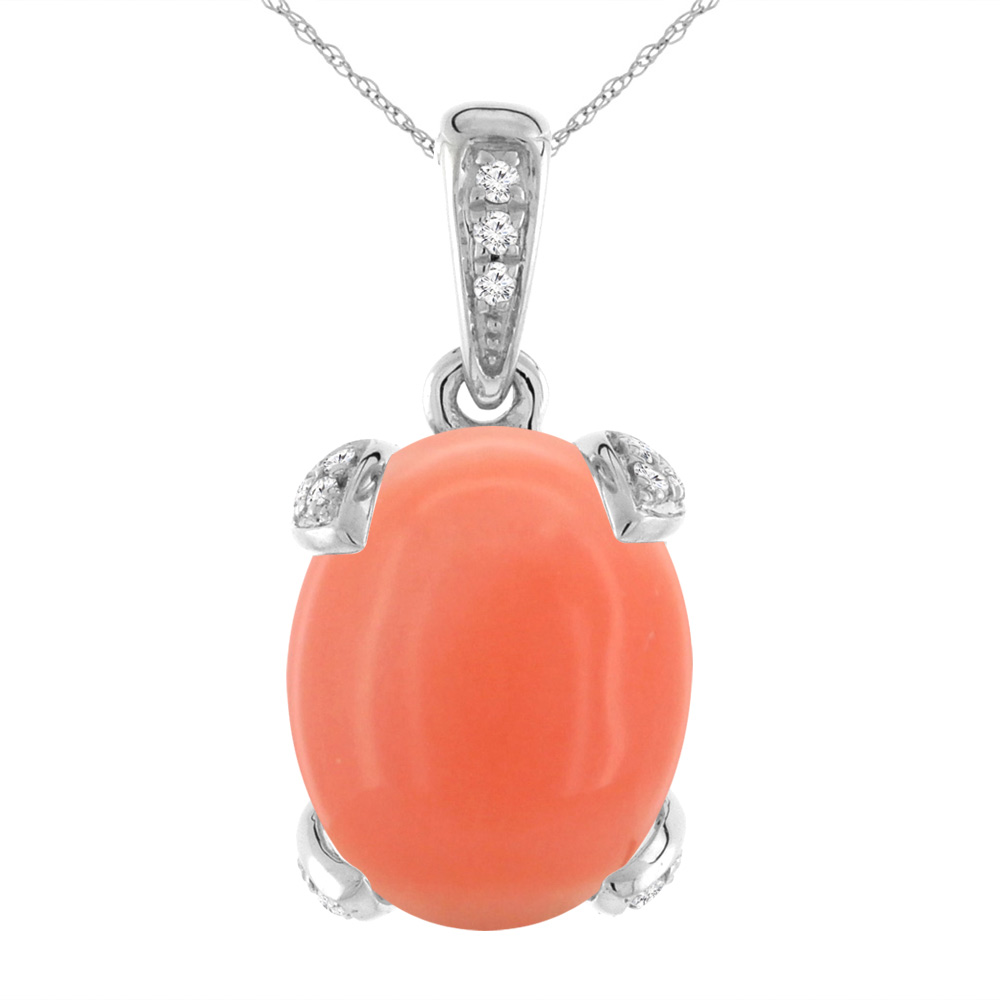 14K WHITE GOLD NATURAL CORAL NECKLACE OVAL 11X9 MM WITH DIAMOND ACCENTS