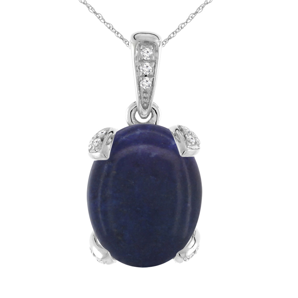 14K WHITE GOLD NATURAL LAPIS NECKLACE OVAL 10X8 MM WITH DIAMOND ACCENTS