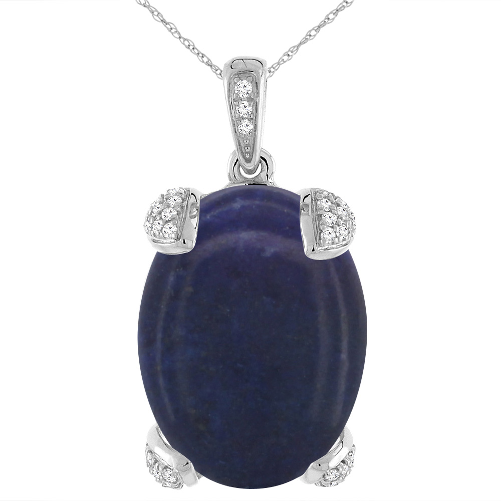 14K WHITE GOLD NATURAL LAPIS NECKLACE OVAL 18X13 MM WITH DIAMOND ACCENTS