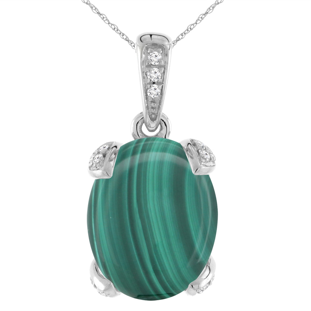 14K WHITE GOLD NATURAL MALACHITE NECKLACE OVAL 12X10 MM WITH DIAMOND ACCENTS