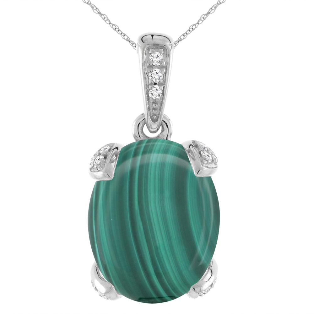 14K White Gold Natural Malachite Necklace Oval 12x10 mm with Diamond Accents