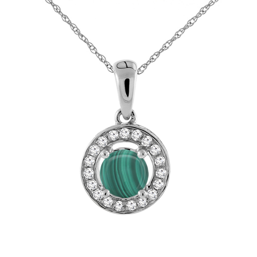 14K WHITE GOLD NATURAL MALACHITE NECKLACE WITH DIAMOND HALO ROUND 5 MM