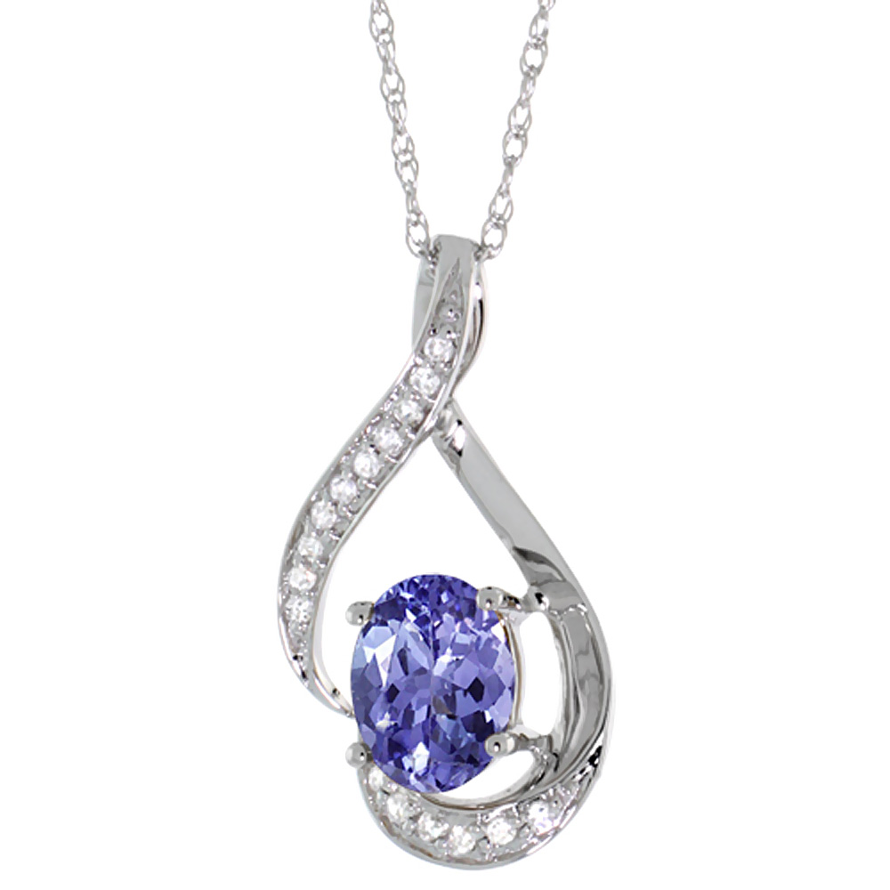14K WHITE GOLD DIAMOND NATURAL TANZANITE NECKLACE OVAL 7X5 MM, 18 INCH LONG