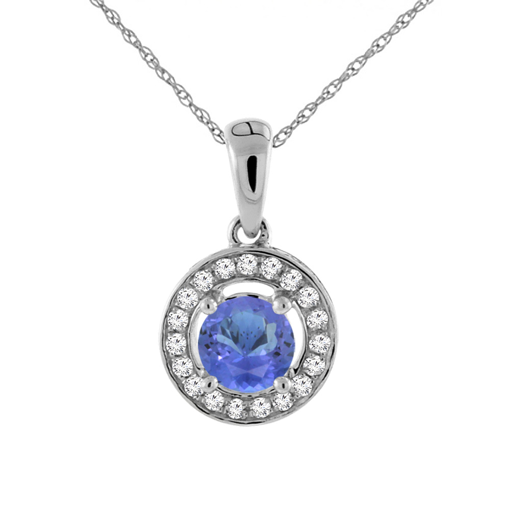 14K WHITE GOLD NATURAL TANZANITE NECKLACE WITH DIAMOND HALO ROUND 5 MM