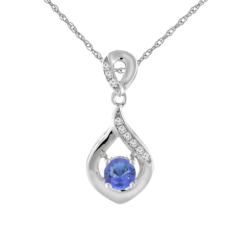 14K White Gold Natural Tanzanite Necklace with Diamond Accents Round 4 mm
