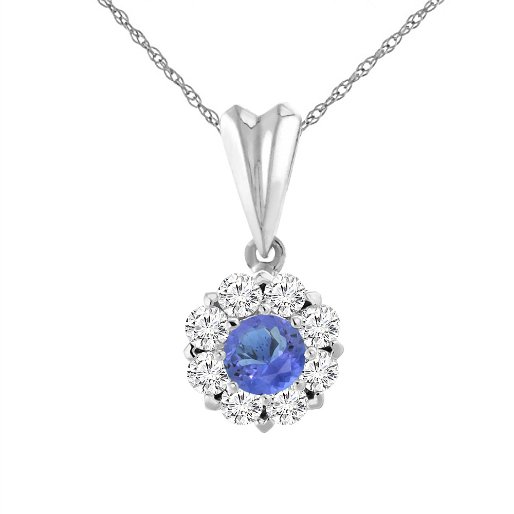 14K WHITE GOLD NATURAL TANZANITE NECKLACE WITH DIAMOND HALO ROUND 4 MM