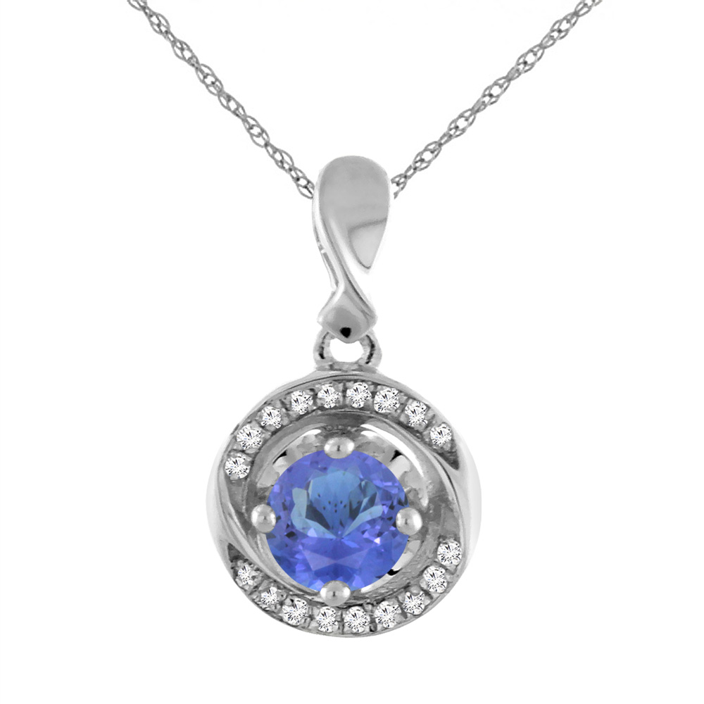 14K WHITE GOLD NATURAL TANZANITE NECKLACE WITH DIAMOND ACCENTS ROUND 4 MM
