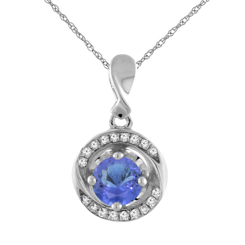 14K White Gold Natural Tanzanite Necklace with Diamond Accents Round 4 mm