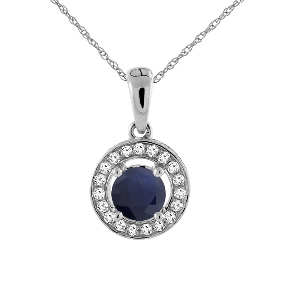 14K White Gold Diamond Halo Natural Quality Blue Sapphire Necklace Round 5 mm