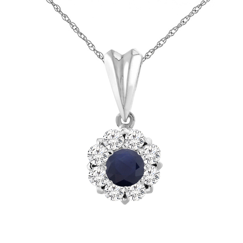 14K WHITE GOLD DIAMOND HALO NATURAL QUALITY BLUE SAPPHIRE NECKLACE ROUND 4 MM