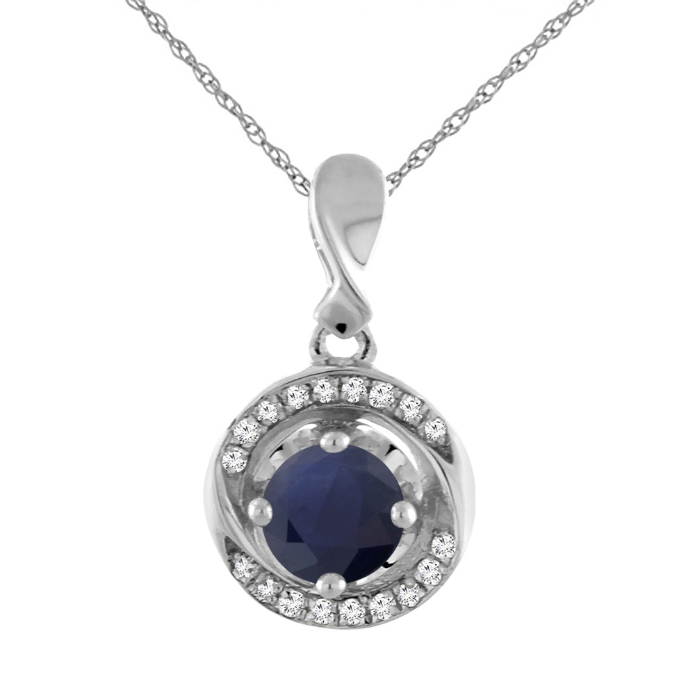 14K WHITE GOLD DIAMOND NATURAL QUALITY BLUE SAPPHIRE NECKLACE ROUND 4 MM