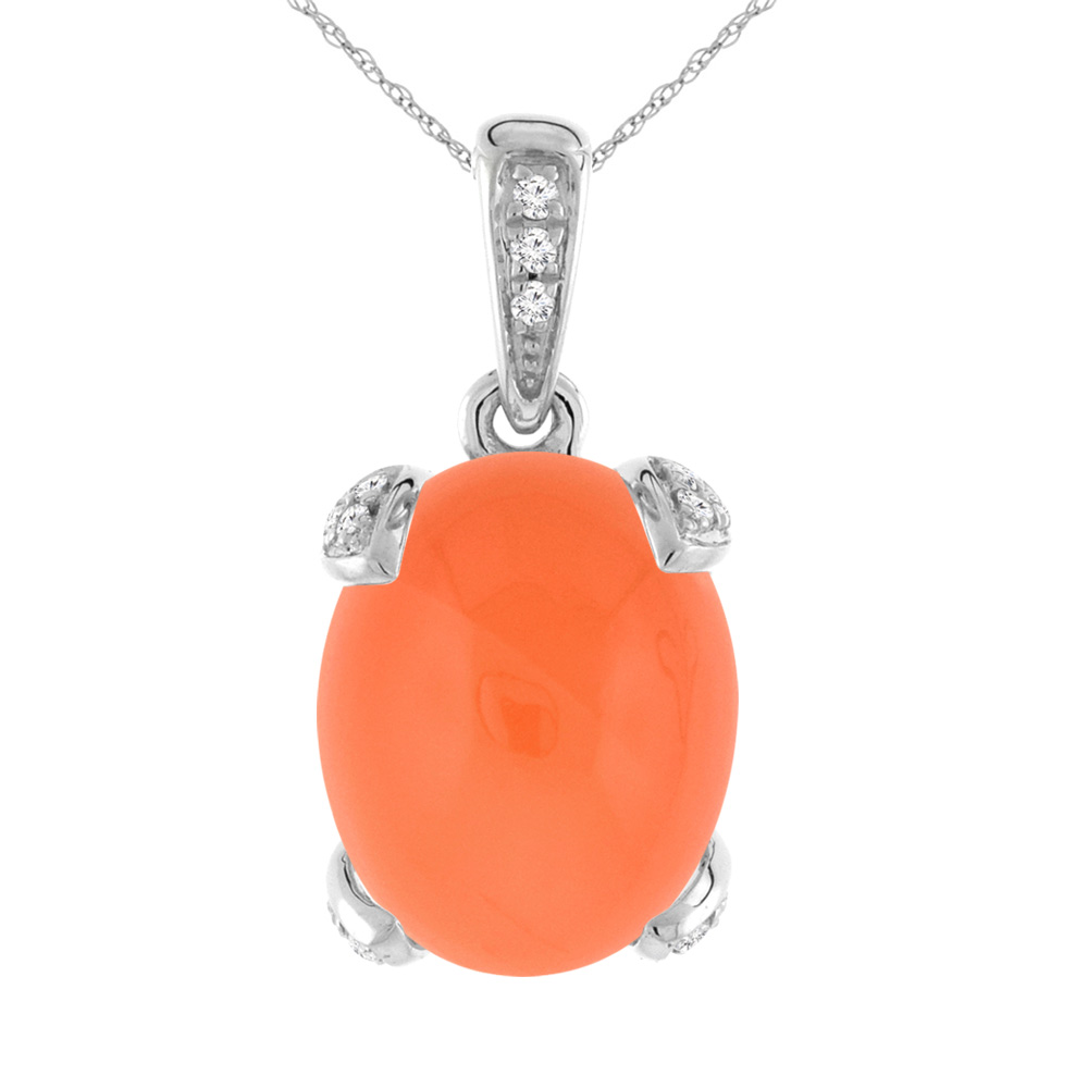 14K White Gold Natural Orange Moonstone Necklace Oval 10x8 mm with Diamond Accents