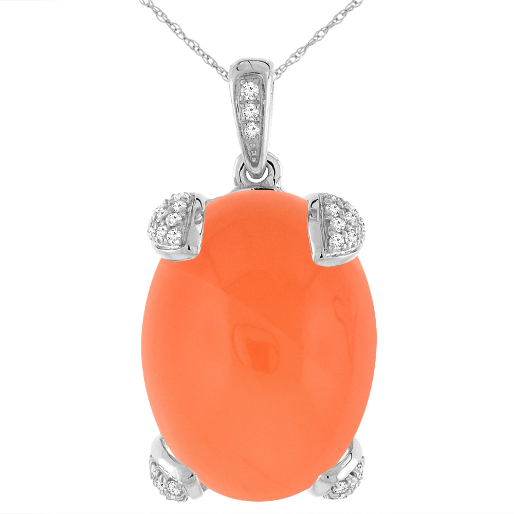 14K White Gold Natural Orange Moonstone Necklace Oval 16x12 mm with Diamond Accents