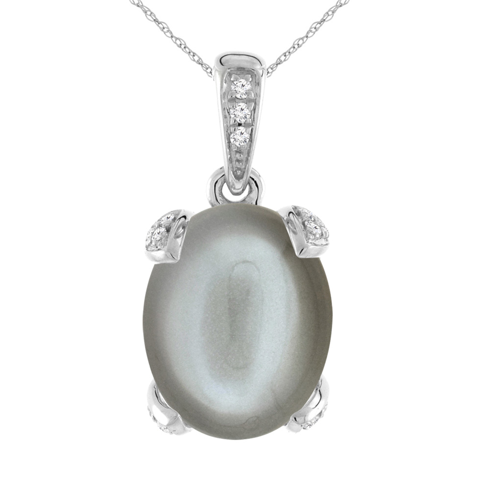 14K WHITE GOLD NATURAL GRAY MOONSTONE NECKLACE OVAL 10X8 MM WITH DIAMOND ACCENTS