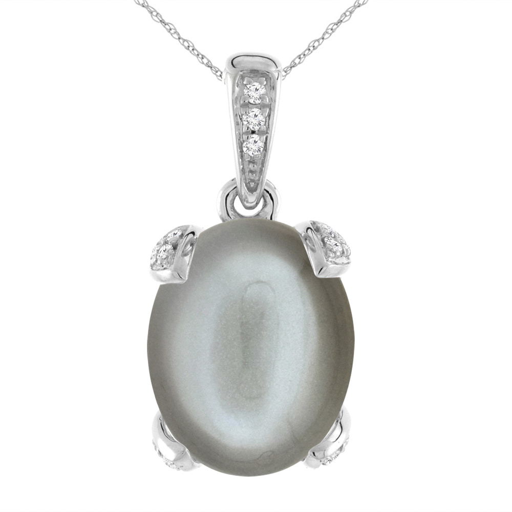 14K WHITE GOLD NATURAL GRAY MOONSTONE NECKLACE OVAL 11X9 MM WITH DIAMOND ACCENTS