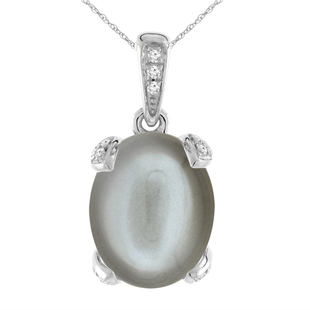 14K White Gold Natural Gray Moonstone Necklace Oval 11x9 mm with Diamond Accents
