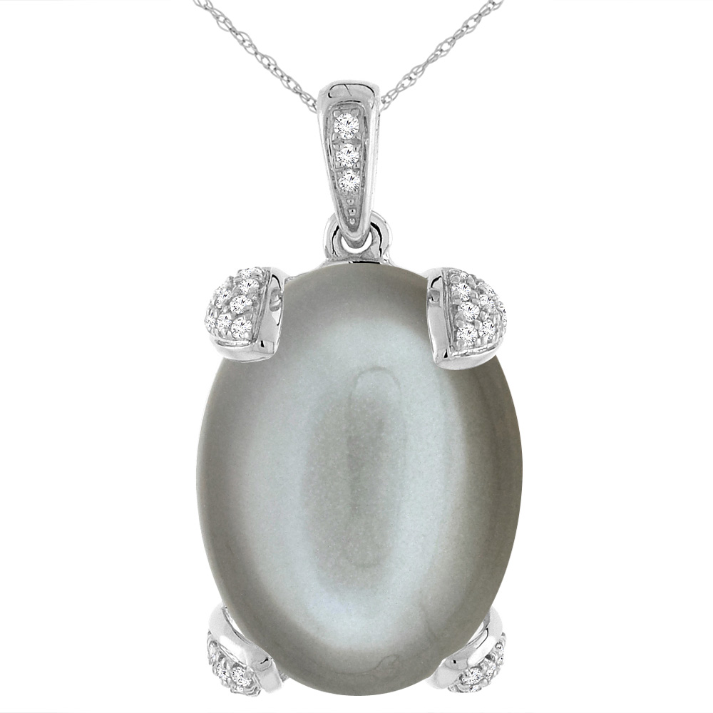 14K WHITE GOLD NATURAL GRAY MOONSTONE NECKLACE OVAL 18X13 MM WITH DIAMOND ACCENTS
