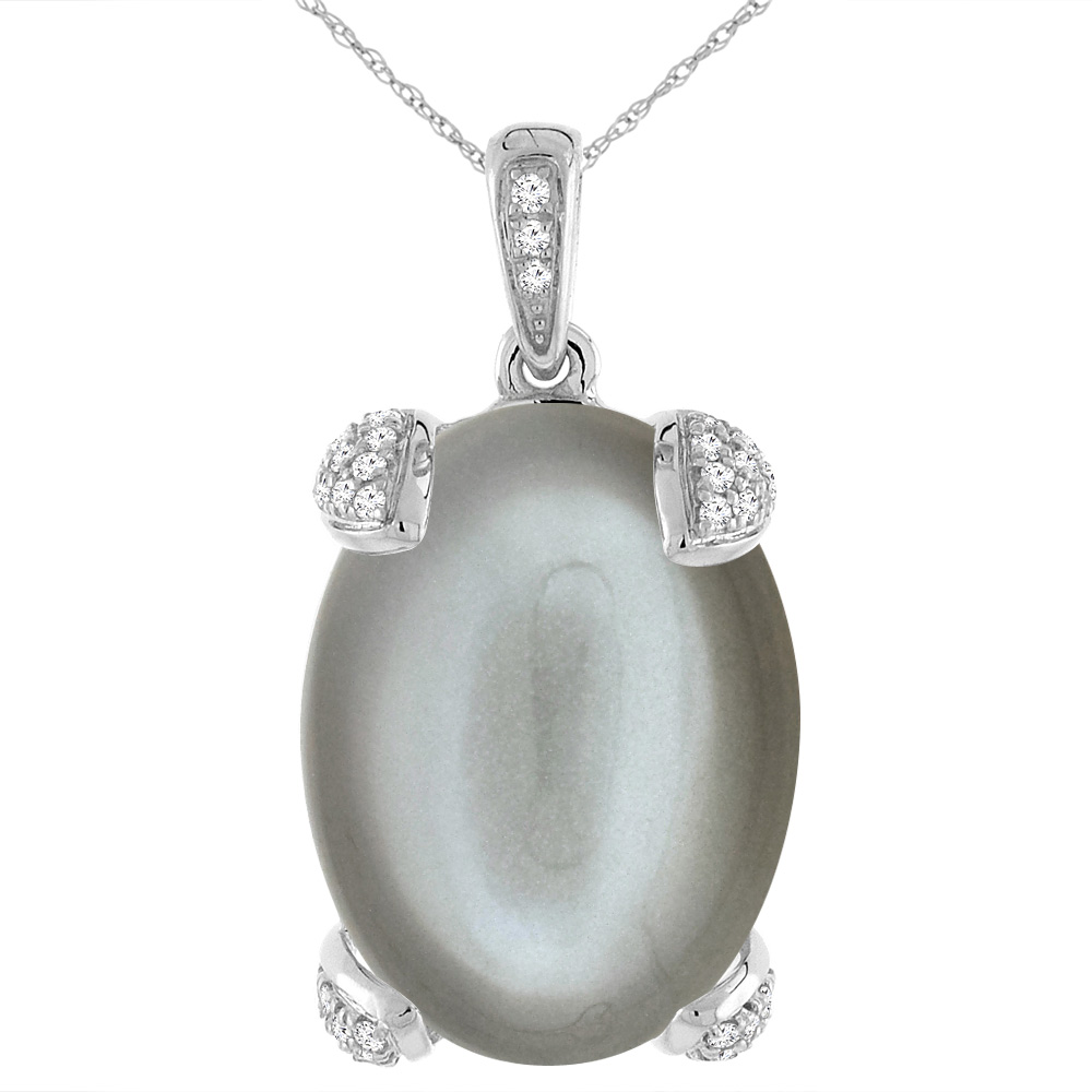 14K White Gold Natural Gray Moonstone Necklace Oval 18x13 mm with Diamond Accents