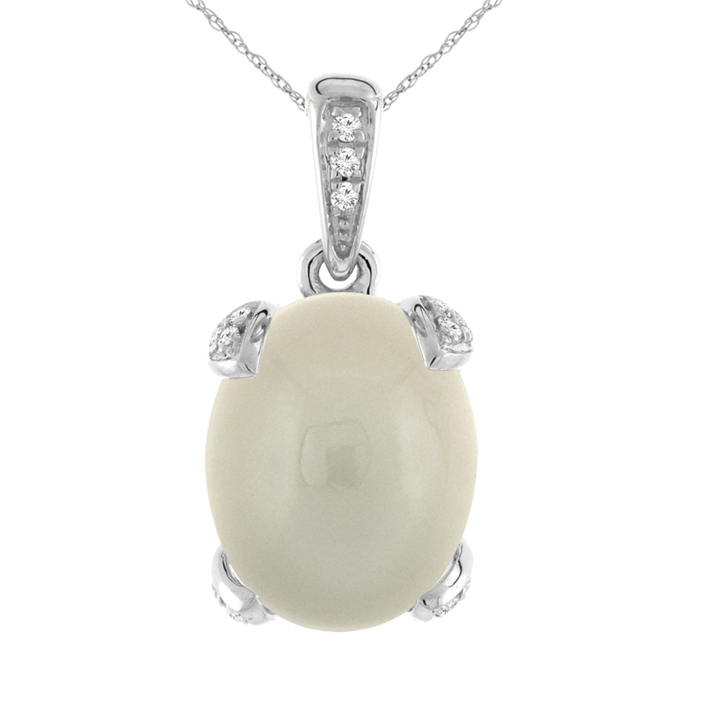 14K WHITE GOLD NATURAL LIGHT GRAY MOONSTONE NECKLACE OVAL 10X8 MM WITH DIAMOND ACCENTS