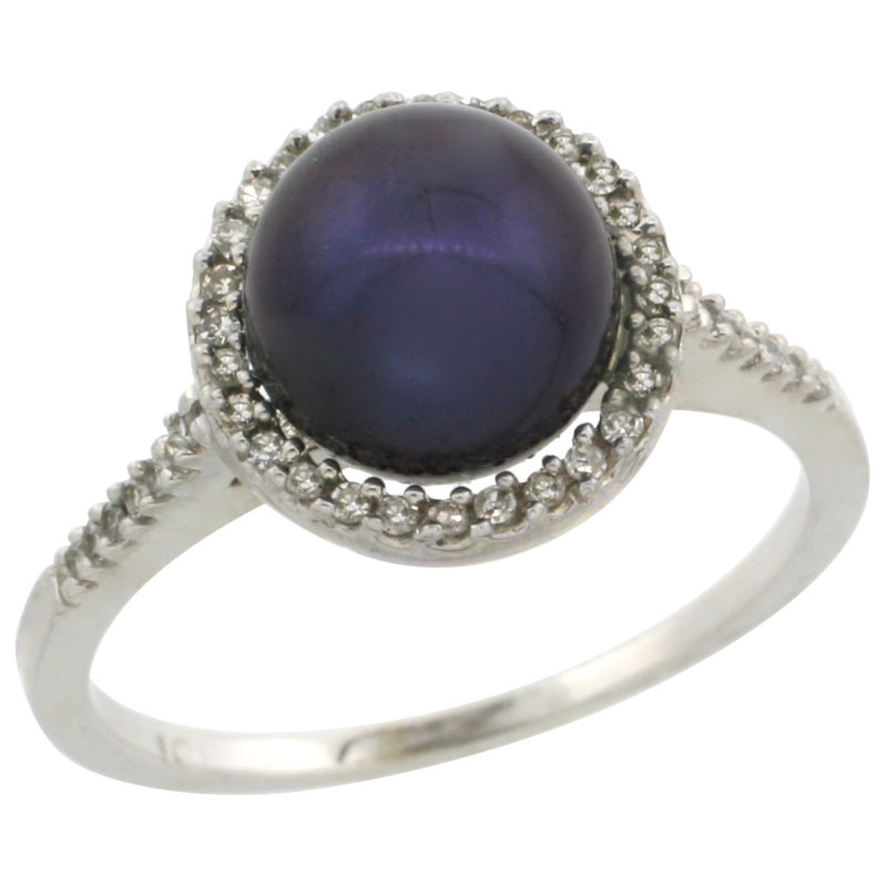 14k White Gold Halo Engagement 8.5 mm Black Pearl Ring w/ 0.146 Carat Brilliant Cut Diamonds, 7/16 in. (11mm) wide