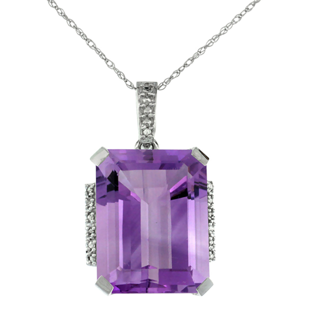 10K WHITE GOLD NATURAL AMETHYST PENDANT OCTAGON 16X12 MM & DIAMOND ACCENTS