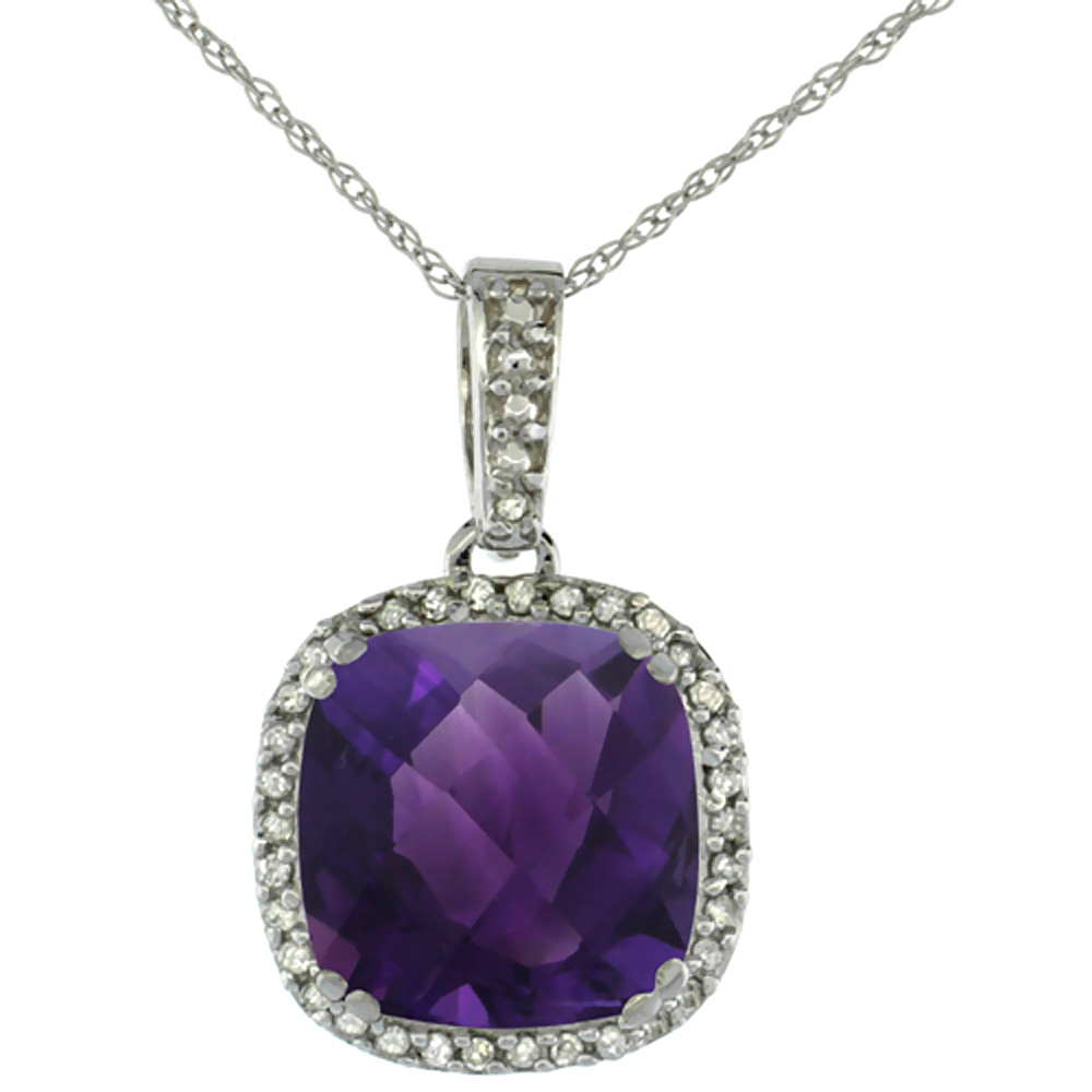 10K WHITE GOLD DIAMOND HALO NATURAL AMETHYST NECKLACE CUSHION SHAPED 10X10MM, 18 INCH LONG
