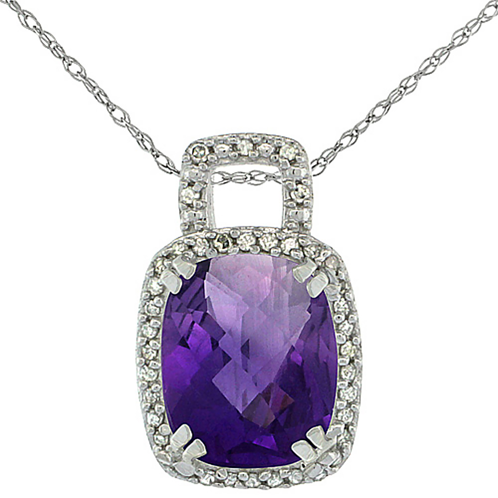 10K WHITE GOLD NATURAL AMETHYST PENDANT OCTAGON CUSHION 10X8 MM & DIAMOND ACCENTS