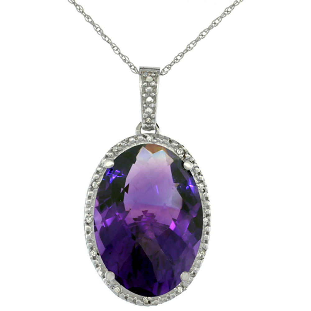 10K WHITE GOLD DIAMOND NATURAL AMETHYST PENDANT OVAL 18X13 MM