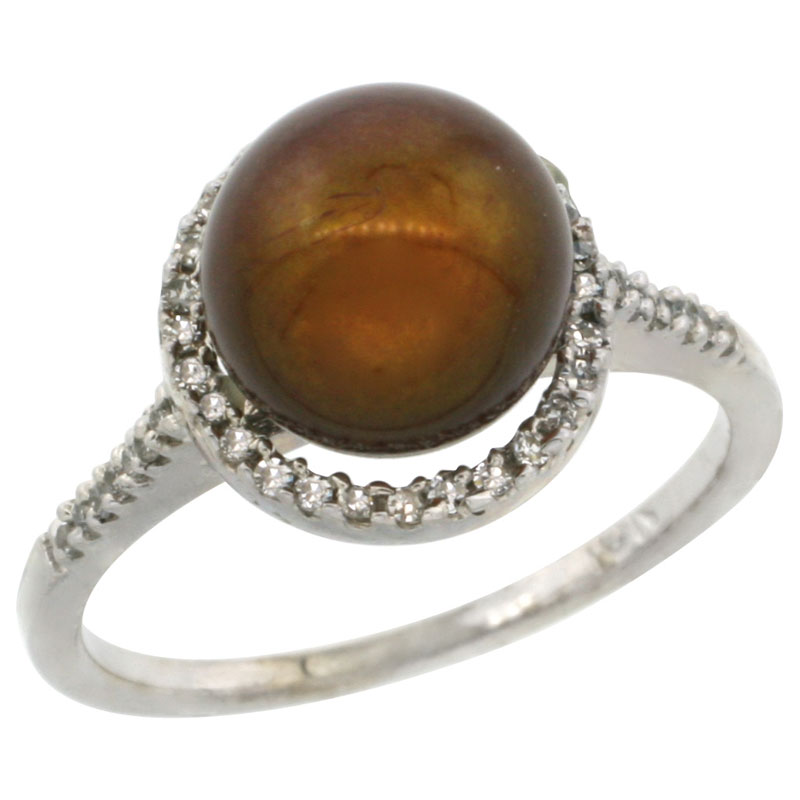 14k White Gold Halo Engagement 8.5 mm Brown Pearl Ring w/ 0.146 Carat Brilliant Cut Diamonds, 7/16 in. (11mm) wide