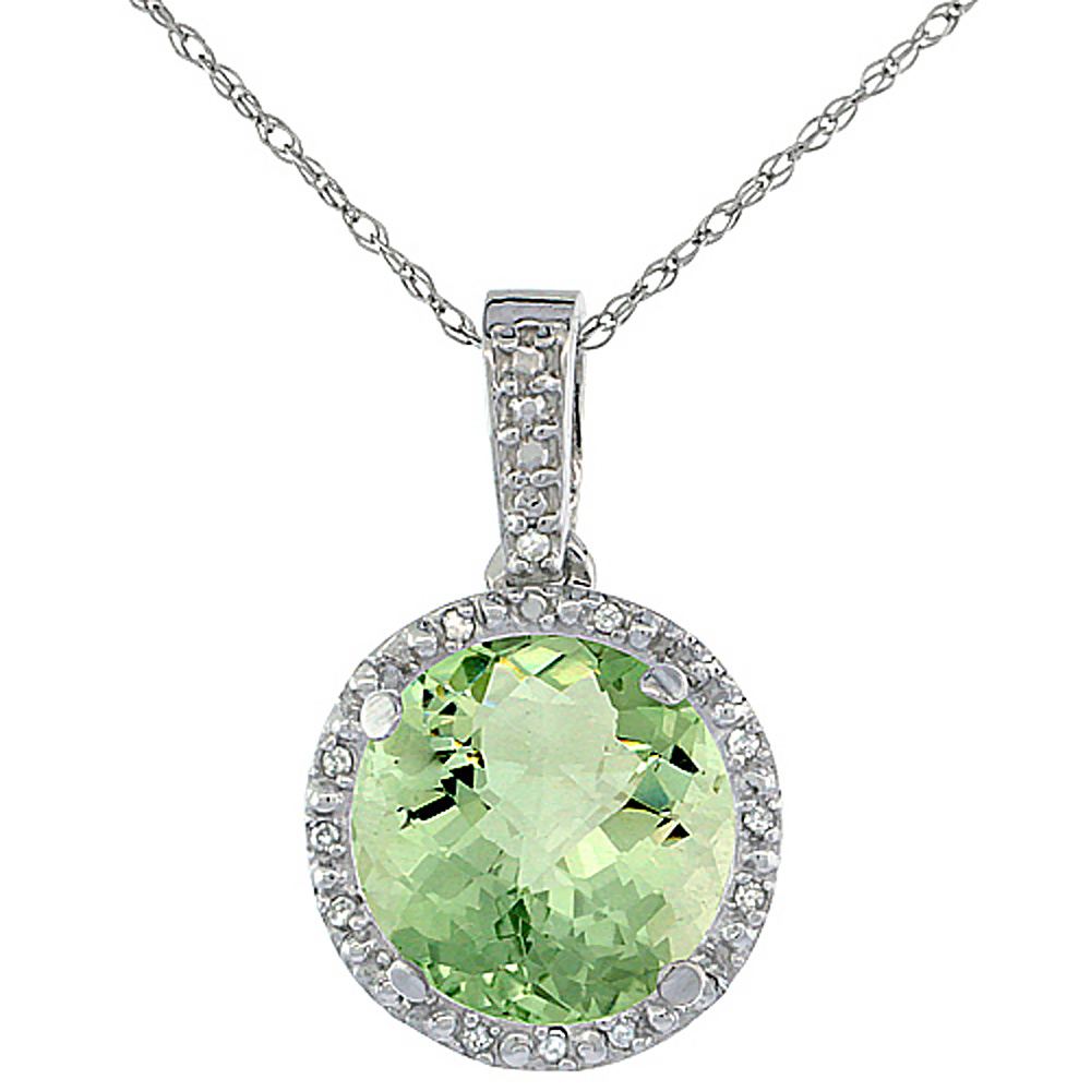 10K WHITE GOLD 0.03 CTTW DIAMOND NATURAL GREEN AMETHYST PENDANT ROUND 11X11 MM