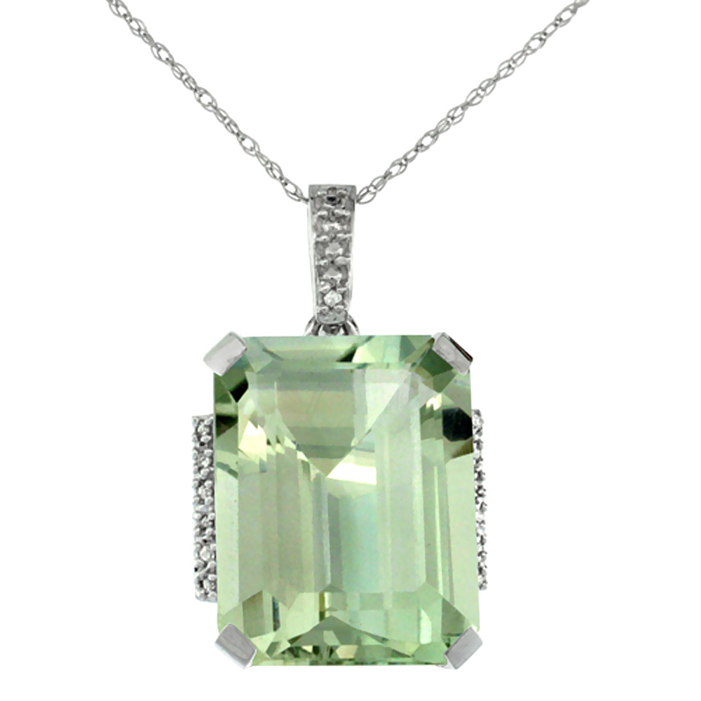 10K WHITE GOLD NATURAL GREEN AMETHYST PENDANT OCTAGON 16X12 MM & DIAMOND ACCENTS